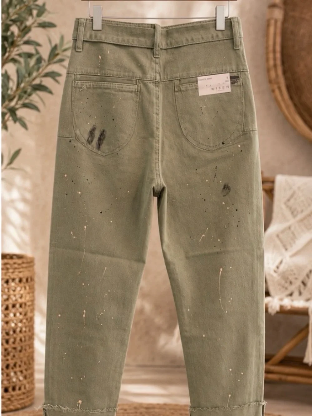RISEN Jeans Paint-Splatter Olive Green Tie-Waist -NWT